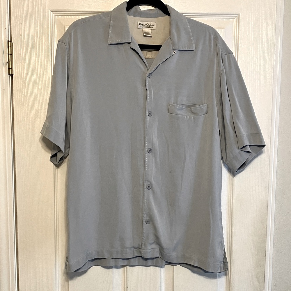 Vintage Norm Thompson Men's L Short Sleeve 100% Silk Button Up Summer Shirt